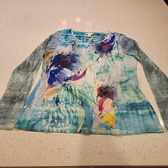 chicos size 1 M Blue Floral Shirt Top Lace Sleeves - Picture 1 of 7